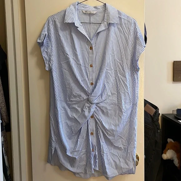 Zara | Dresses | Zara Knot Front Striped Collared Mini Shirt Dress Xs |  Poshmark